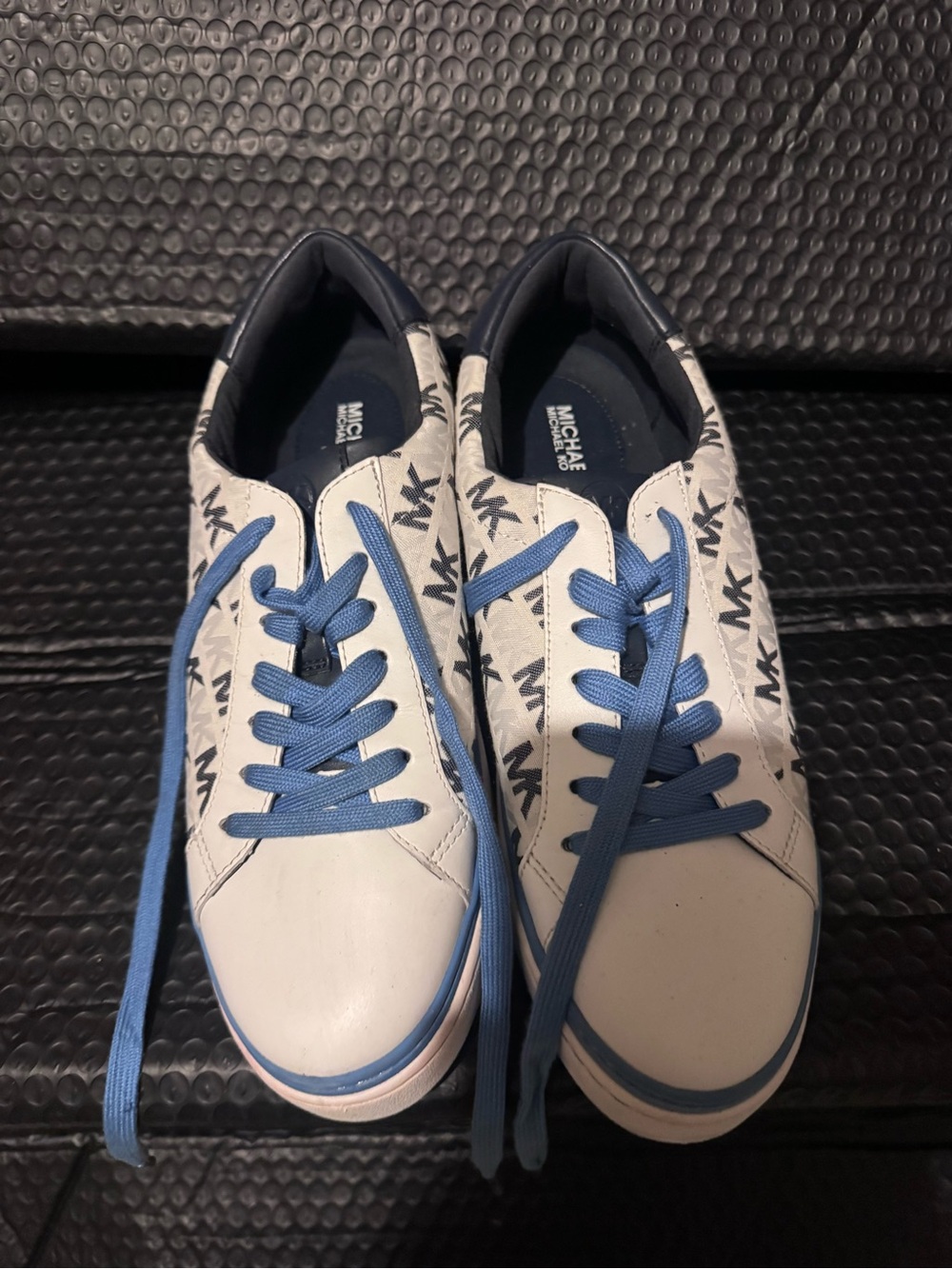 Michael Kors White Sneakers with Blue Laces and Black MK Print